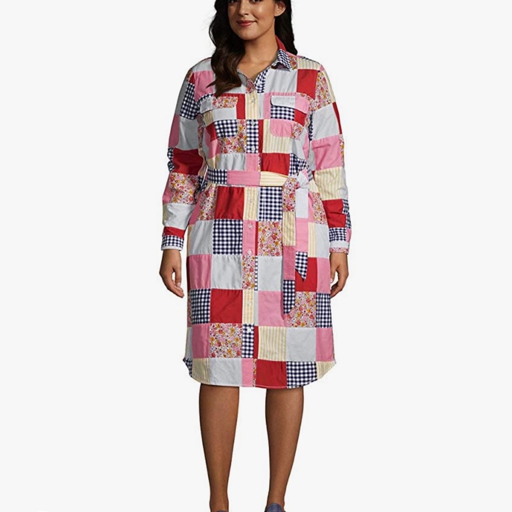 Lands' End Women's Tall Cotton Denim Button Front Long Sleeve Dress
